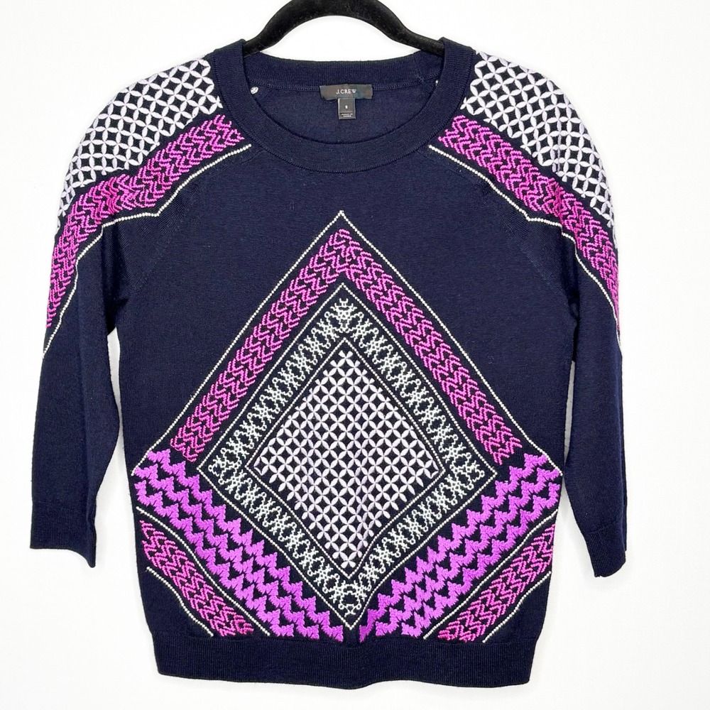J.Crew Womens Navy Blue Merino‎ Wool Geometric Diamond Sweater Size Small